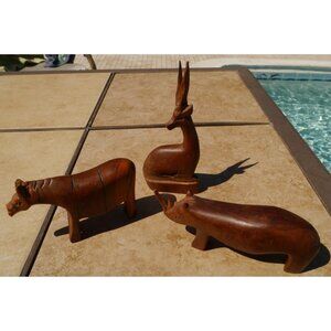 (3) Hand Carved Wooden Animals Rhino Zebra Gazelle/Impalla/Antelope Kenya Africa